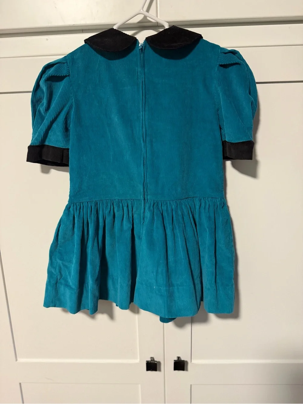 Vintage early 90’s Teal Green Corduroy Drop Waist Kids Dress with Black Trim